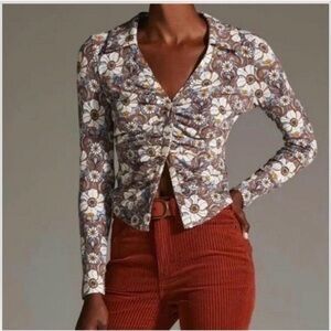 Maeve Anthropologie Top Women Large Blue Floral Ruched Button Front Long Sleeve
